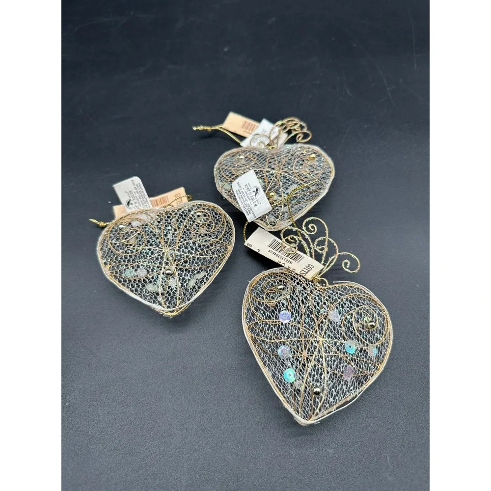 Vintage Gold Wire Mesh Heart Christmas Ornaments Kurt Adler Sequin NEW With Tags